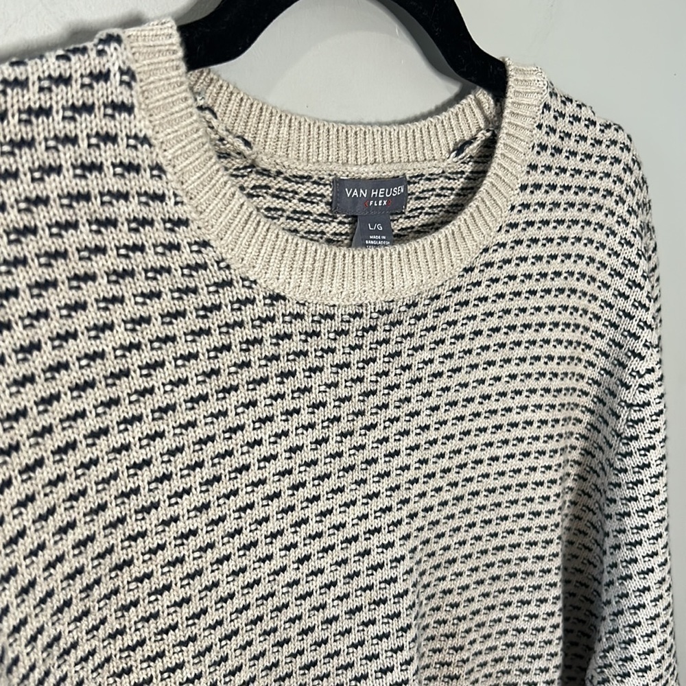 Van Heusen Flex Grandpa Sweater Navy Blue & Cream Pattern & Elbow Patches Size L - Picture 2 of 6